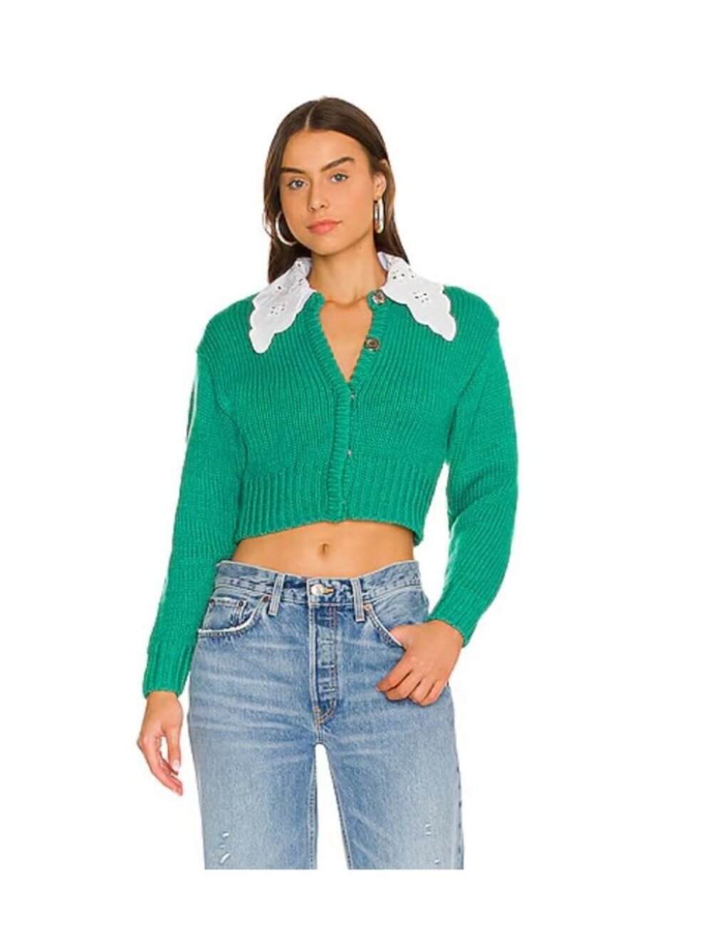 NWT For Love & Lemons Stacy Cardigan Size S Green Collared Knit
